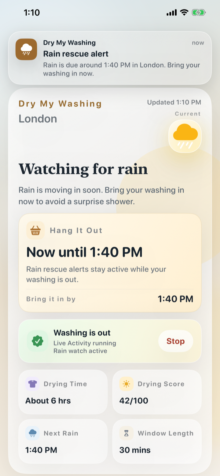 Rain rescue alert in Dry My Washing