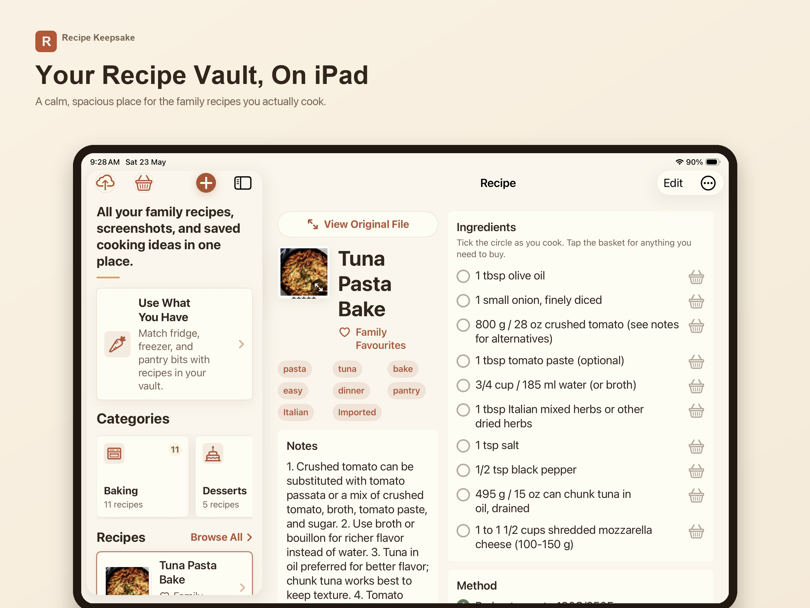 Recipe Keepsake on iPad showing recipe vault and recipe detail