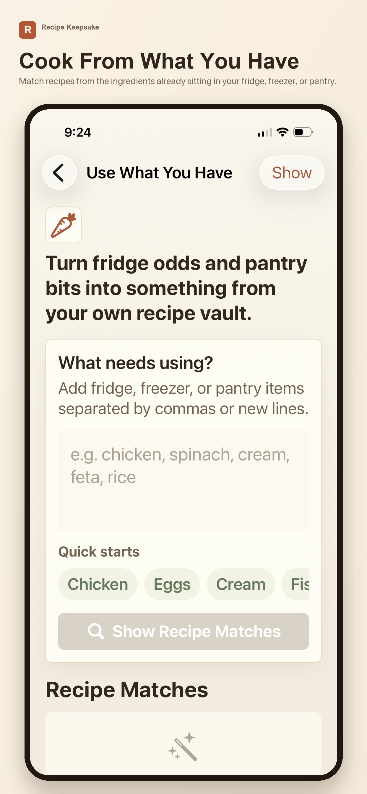 Use What You Have screen showing pantry ingredient matching
