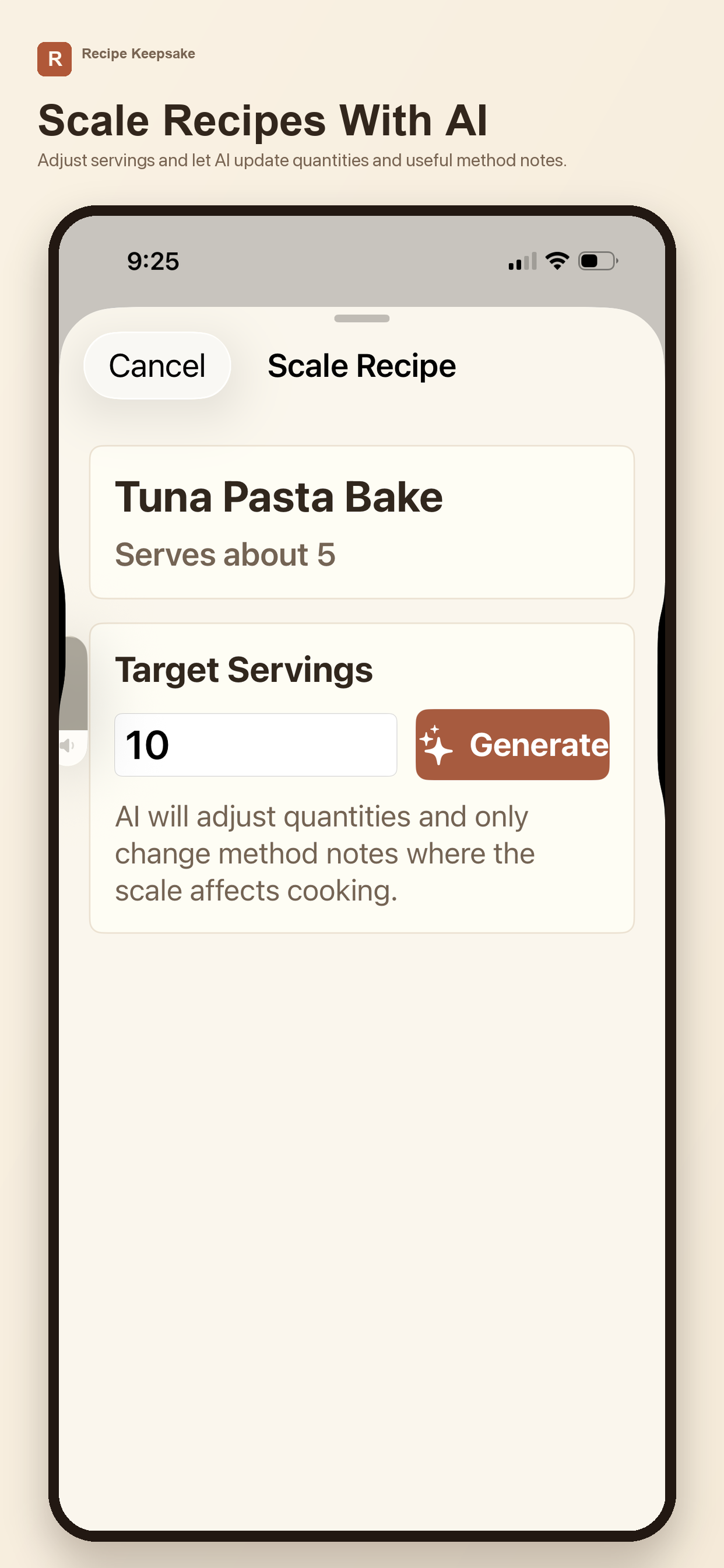 Recipe scaling screen in Recipe Keepsake