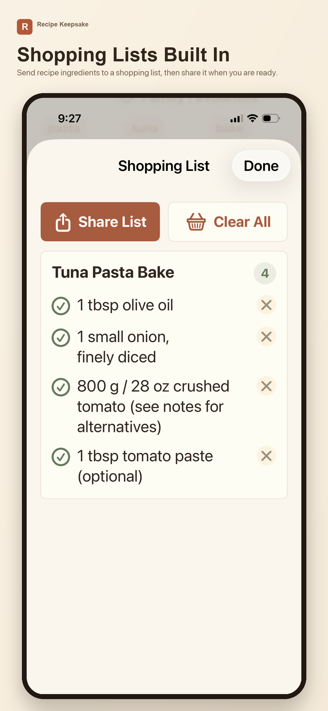 Shopping list screen in Recipe Keepsake