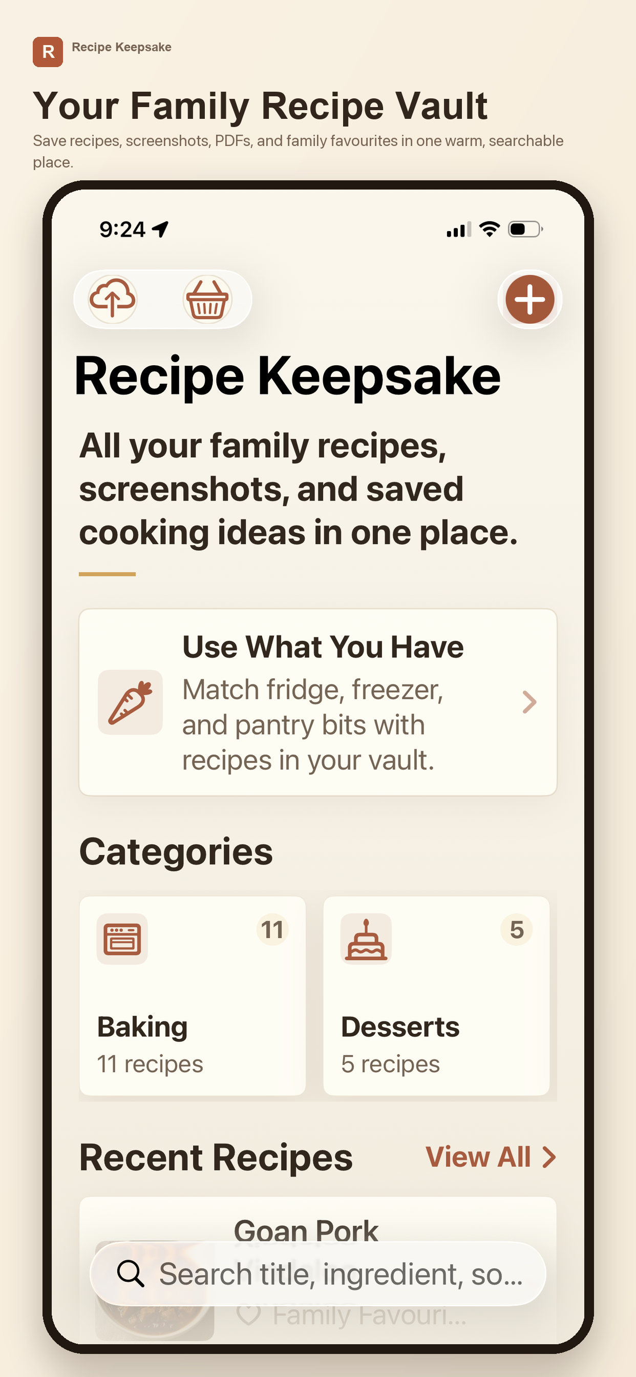 Recipe Keepsake home screen showing recipe categories and recent recipes