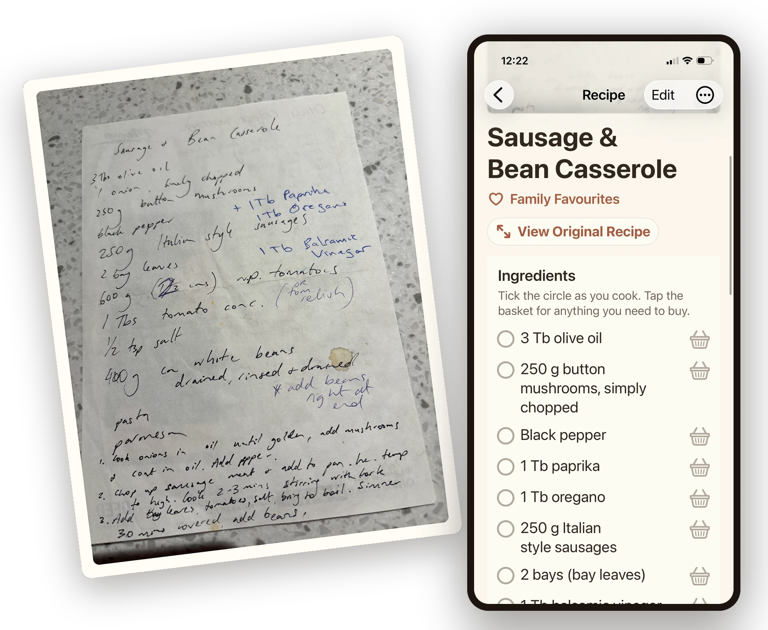 A handwritten Sausage and Bean Casserole note shown next to the same recipe as a clean card in Recipe Keepsake
