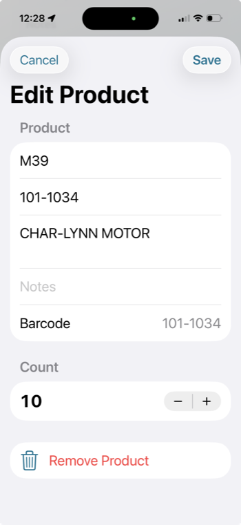 Edit Product screen showing product details, count controls, save, and remove product