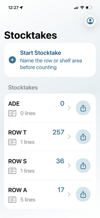 Stocktakes list showing rows and export buttons