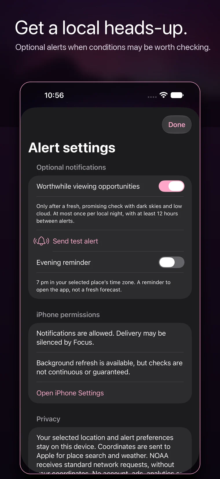 Optional local aurora alert settings