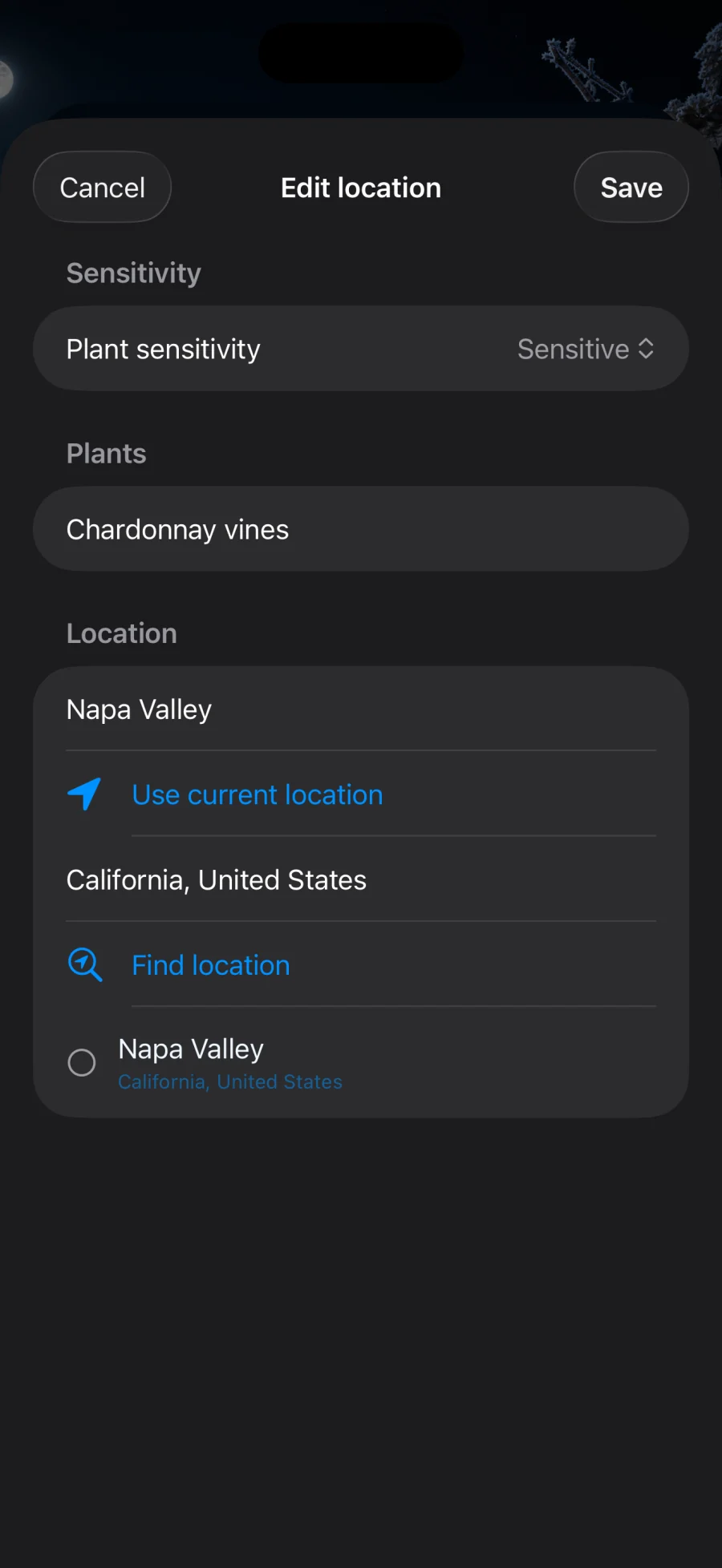 Edit location screen showing plant sensitivity tuning
