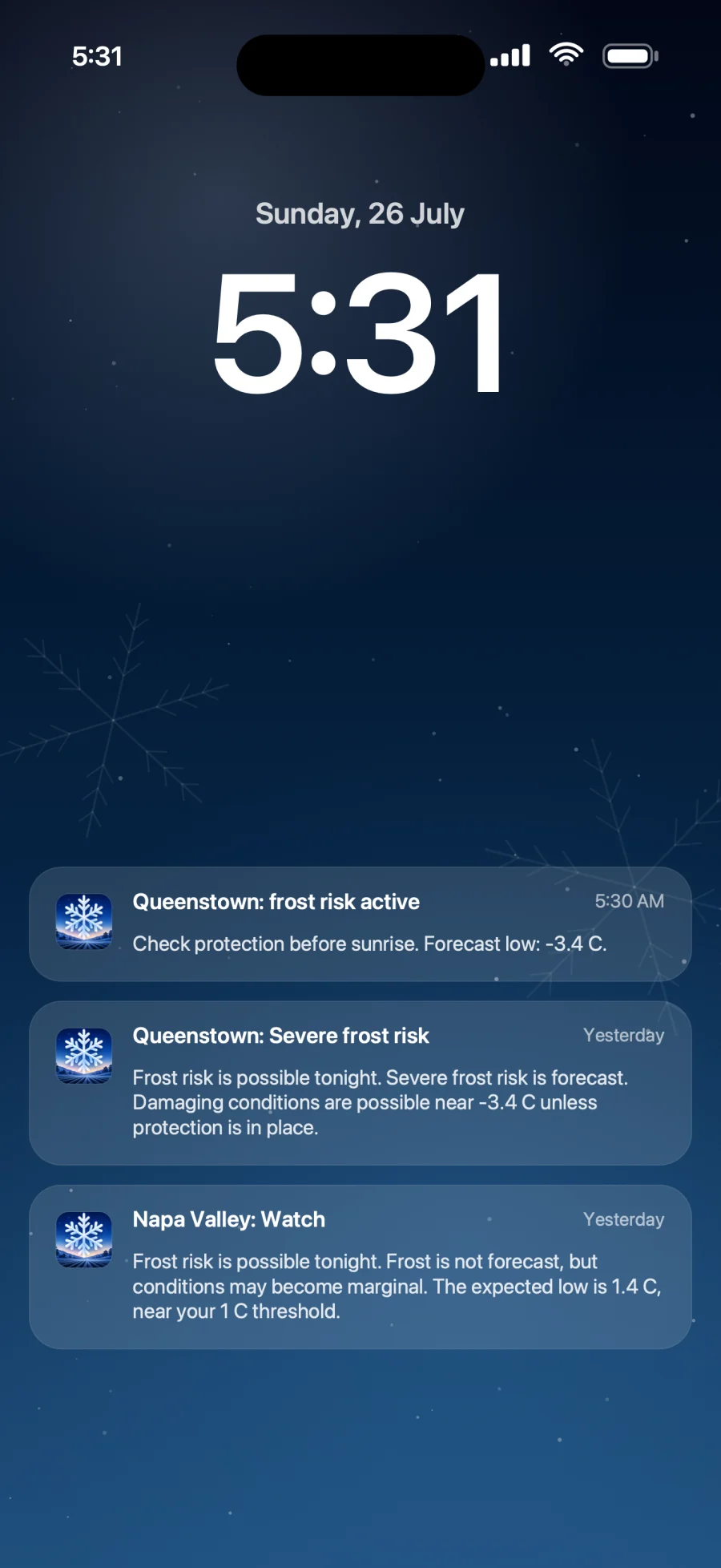 Frost Alert evening and morning notifications on iPhone