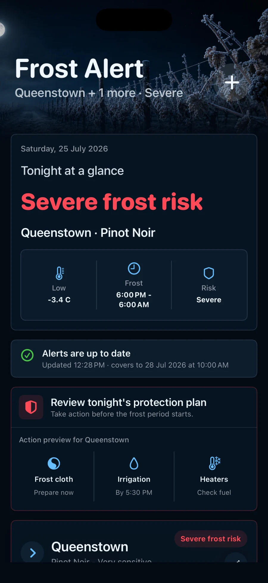 Frost Alert dashboard showing severe, watch, and safe frost risk levels